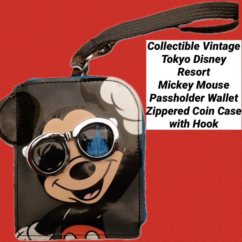 Disney Mickey Tokyo Passholder Wallet Vtg Zippered Case w/ Sunglasses Great Cond